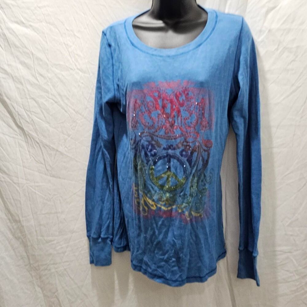 Vintage y2k peace sign rhinestone lightweight thermal long sleeve - Picture 3 of 4